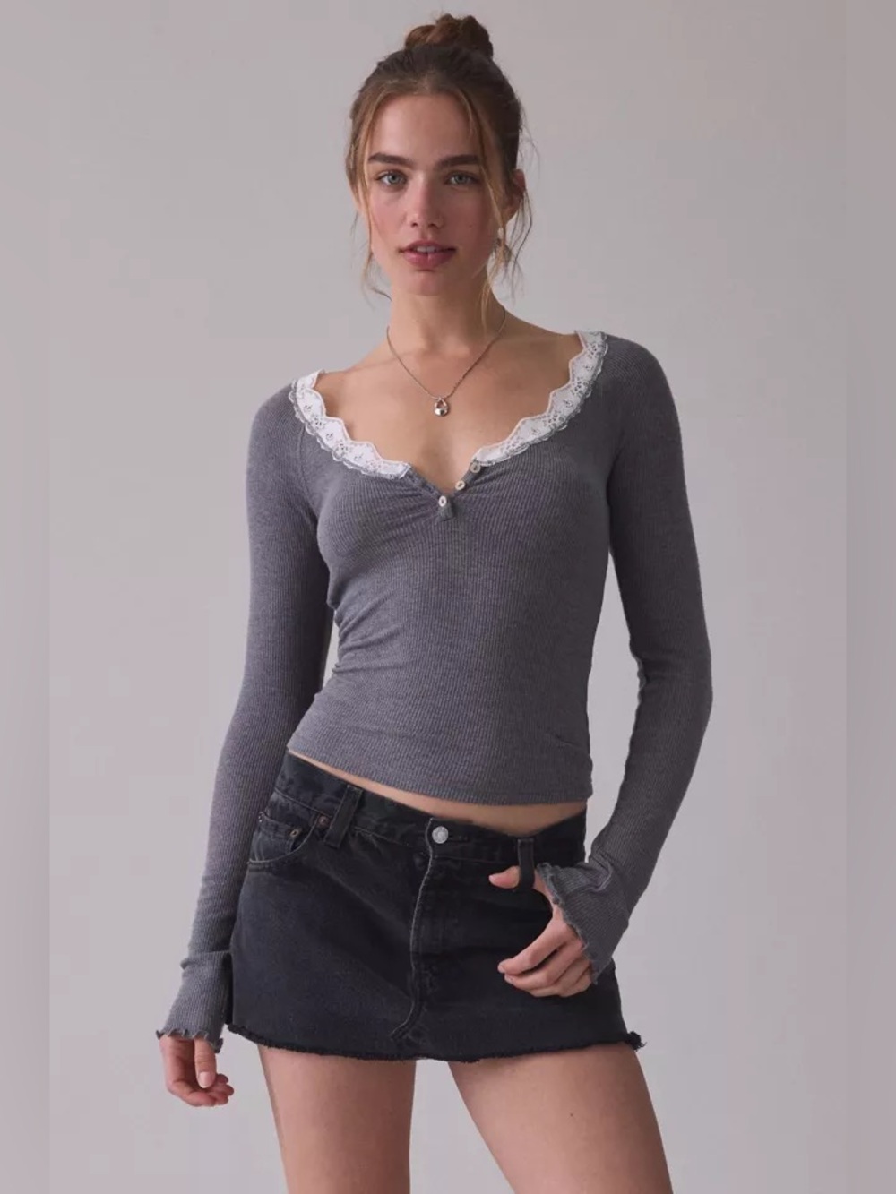 UO Out From Under Diana Layering Lace-Trim Scooped Henley Top